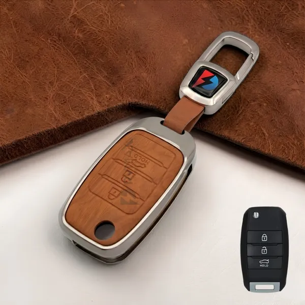 PVMAX_Wooden_Leather_Finish_Metal_Car_Key_Cover_Compatible_for_Kia_Carens_|_Sonet_|_Seltos_3_Button_Flip_Key