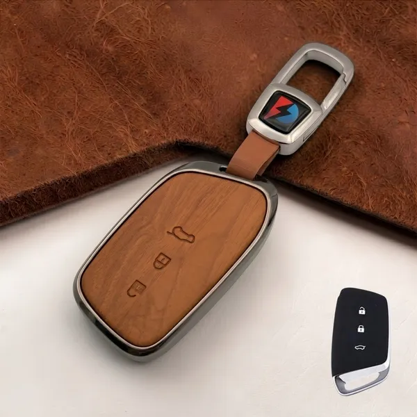 PVMAX_Wooden_Leather_Finish_Metal_Car_Key_Cover_Compatible_for_MG_Hector_|_Windsor_EV_3_Button_Smart_Key