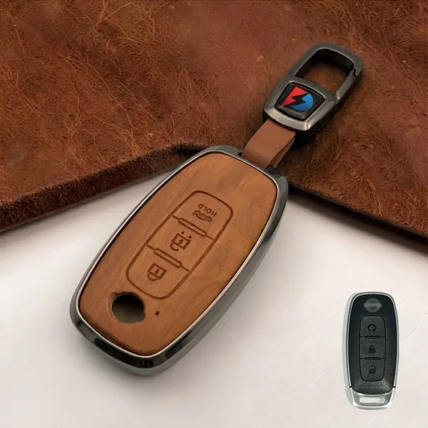 PVMAX_Wooden_Leather_Finish_Metal_Car_Key_Cover_Compatible_with_Nissan_Magnite_3_button_Smart_Key