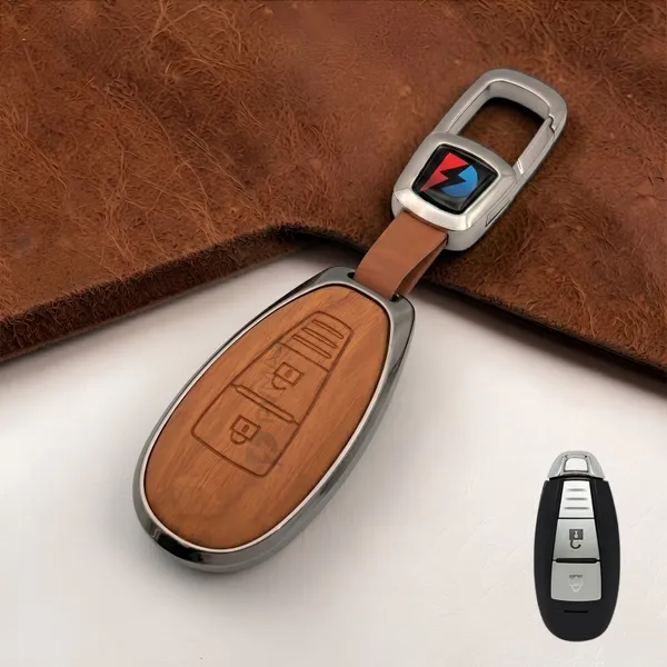 PVMAX_Wooden_Leather_Finish_Metal_Car_Key_Cover_Compatible_with_Baleno,_Brezza,_S-Cross,_Ciaz_&_Swift_2/3_Button_Smart_Key