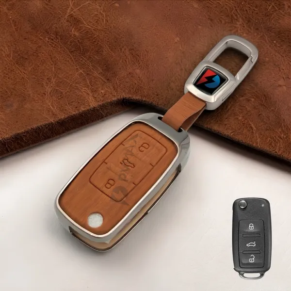 PVMAX_Wooden_Leather_Finish_Metal_Car_Key_Cover_Compatible_for_Skoda_&_Volkswagen_Cars_Octavia,_Laura,_Superb,_Fabia,_Rapid,_Polo,_Vento,_Jetta,_Ameo,_Passat_3_Button_Flip_Key