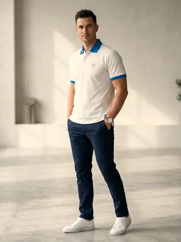 White_Polo_T-Shirt_With_Blue_Collar_And_Rib_For_Men_-_Classic_Casual_Wear