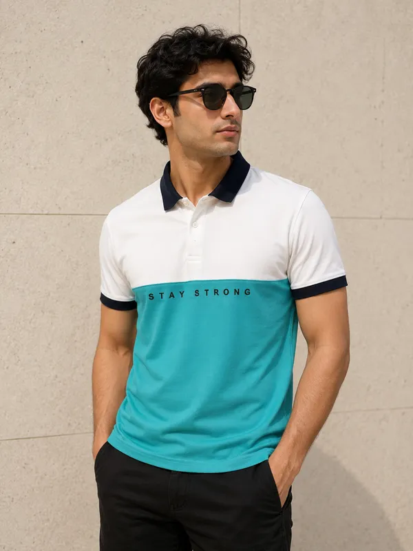White_&_Ocean_green_Polo_T-Shirt_For_Men_-_Classic_Casual_Wear