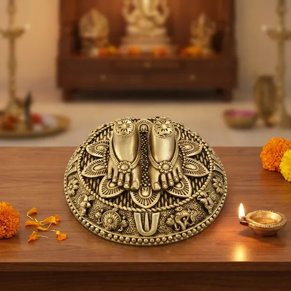 Jsr_Designer_Lord_Balaji_Charan_Paduka_For_Pooja_Room_Brass_Charan_Paduka_2_5_Cm_Yellow_Antique_Finish_Venkateswara_Feet_With_Shanku_Chakra_Namam_Divine_Blessings_From_Tirupati