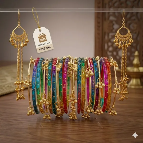 Silk_Star_Vibrant_Multi-Color_Rain_Drop_And_Kashmiri_Bangle_Set_(20_Pcs)_And_Includes_Free_Matching_Kashmiri_Earrings