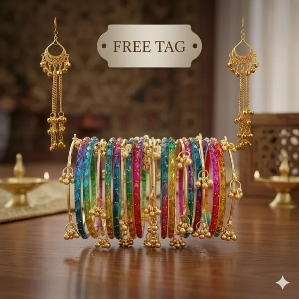 Silk_Star_Vibrant_Multi-Color_Rain_Drop_And_Kashmiri_Bangle_Set_(20_Pcs)_And_Includes_Free_Matching_Kashmiri_Earrings