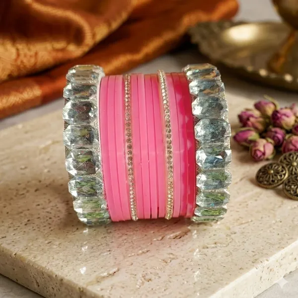Silk_Star_Elegant_Pink_And_Crystal_Bangle_Set_,Statement_Party_Wear_Chooda_For_Women