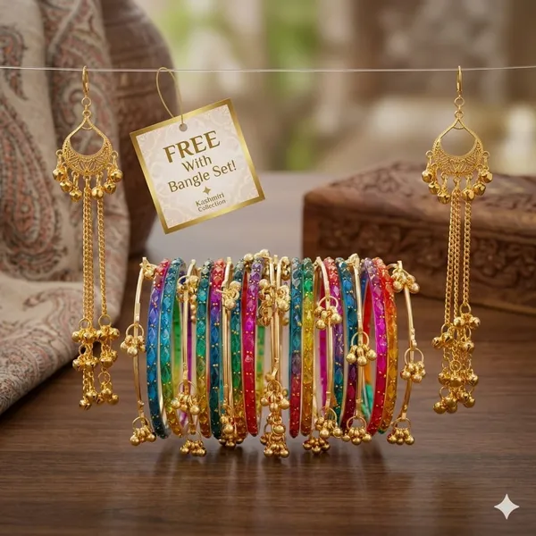 Silk_Star_Vibrant_Multi-Color_Rain_Drop_And_Kashmiri_Bangle_Set_(20_Pcs)_And_Includes_Free_Matching_Kashmiri_Earrings