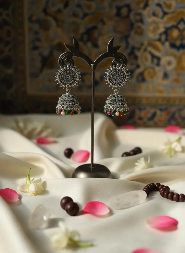 Floral_Jhumka_Earrings_With_Crystal_And_Pastel_Beads_Gold_Plated_Traditional_Drop_Earrings_Rhinestone_Studded_Dome_Design