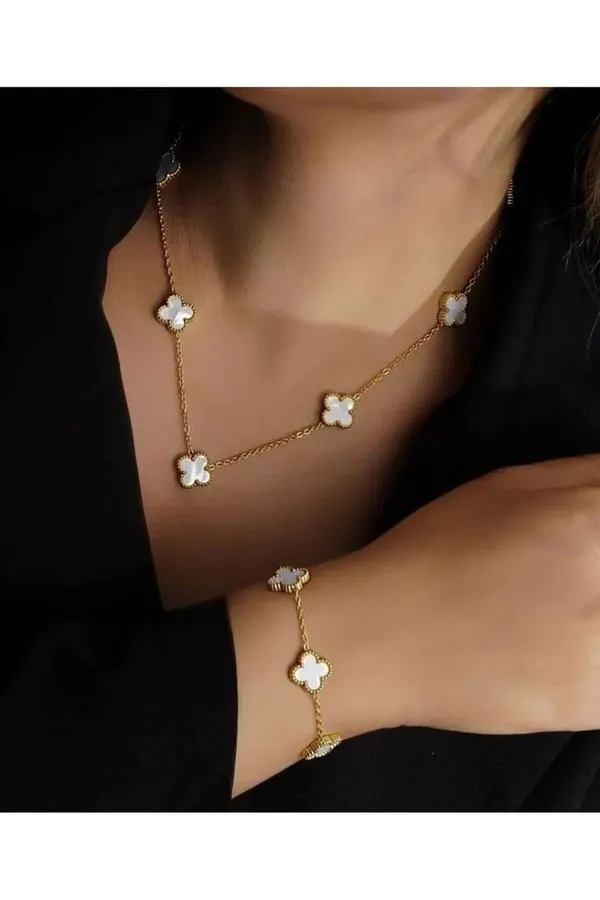 Anti_Tarnish_Elegant_White_Clover_Necklace_Bracelet_And_Earrings_Set_Gold_Plated_Stainless_Steel_Floral_Design_Jewellery_Chain_Link_Style