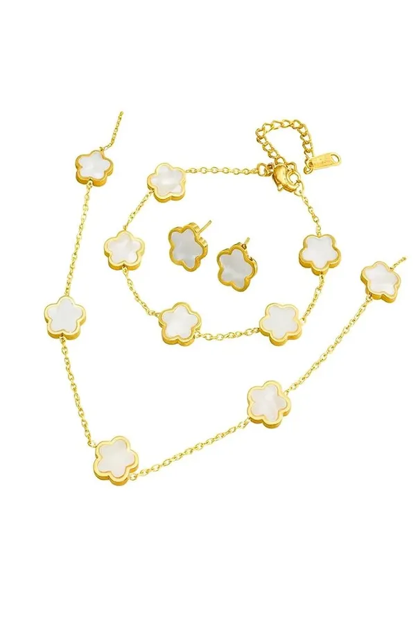 Anti_Tarnish_Elegant_White_Clover_Necklace_Bracelet_And_Earrings_Set_Gold_Plated_Stainless_Steel_Floral_Design_Jewellery_Chain_Link_Style