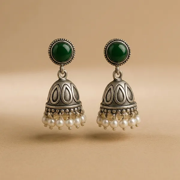 Oxidized_Silver_Jhumka_Earrings_With_Green_Stone_And_Pearl_Drops