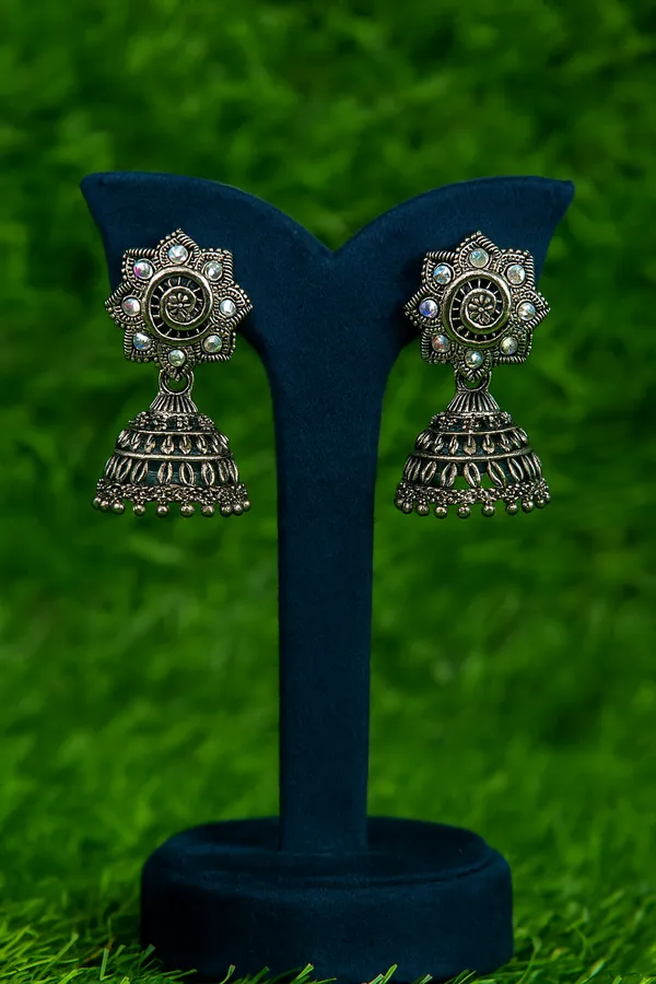 Oxidized_Silver_Jhumka_Earrings_With_Floral_Studs
