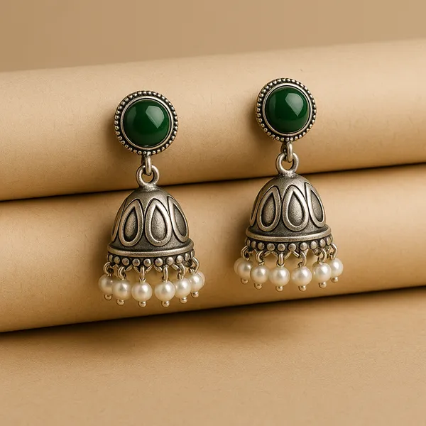 Oxidized_Silver_Jhumka_Earrings_With_Green_Stone_And_Pearl_Drops