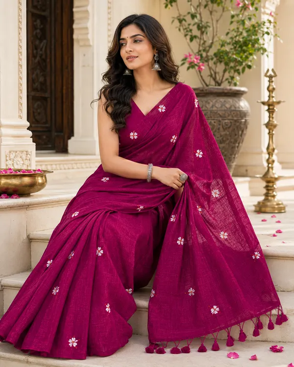 Pink_Khadi_Cotton_Saree_With_White_Flower_Embroidery