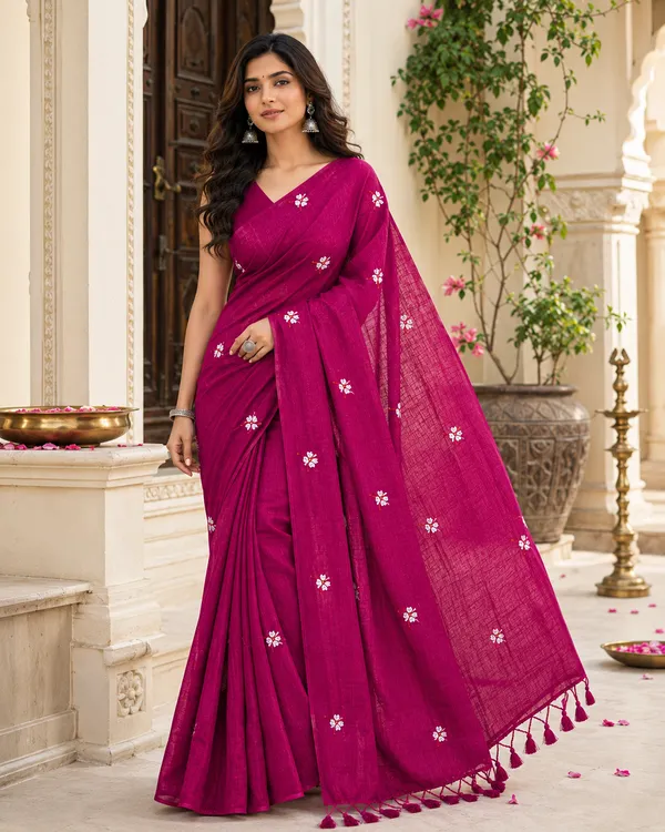 Pink_Khadi_Cotton_Saree_With_White_Flower_Embroidery