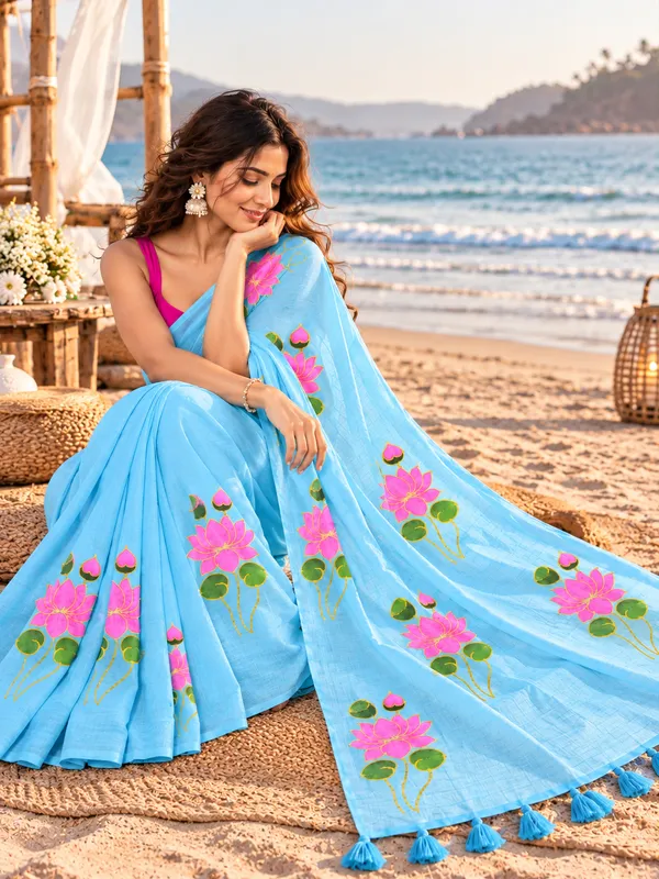 Lotus_Light_Blue_Malmal_Cotton_Saree_With_Hand_Painted_Lotus_
