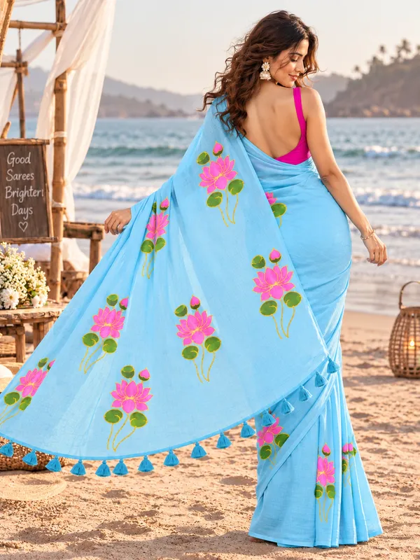 Lotus_Light_Blue_Malmal_Cotton_Saree_With_Hand_Painted_Lotus_