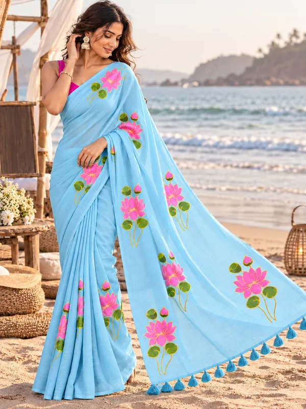 Lotus_Light_Blue_Malmal_Cotton_Saree_With_Hand_Painted_Lotus_