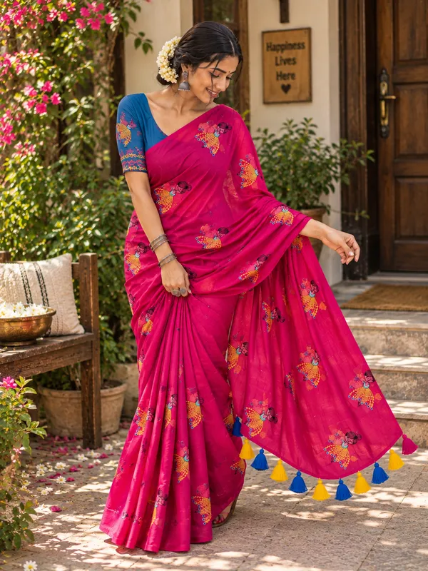 Magenta_Pink_Mul_Cotton_Saree_With_Doll_Motif_And_Tassels