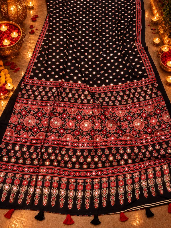 Noor_-_Black_Lotus_Print_Ajrakh_Mirror_Work_Crepe_Silk_Saree_
