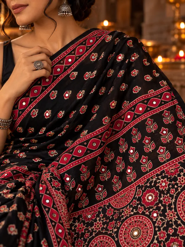 Noor_-_Black_Lotus_Print_Ajrakh_Mirror_Work_Crepe_Silk_Saree_