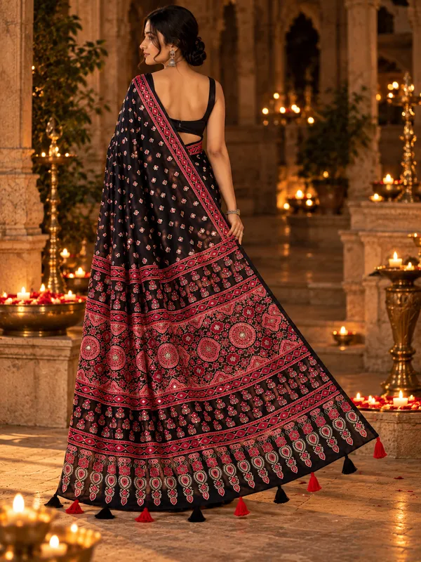Noor_-_Black_Lotus_Print_Ajrakh_Mirror_Work_Crepe_Silk_Saree_