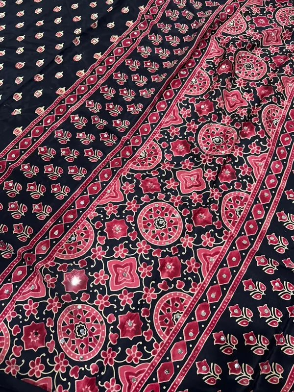 Noor_-_Black_Lotus_Print_Ajrakh_Mirror_Work_Crepe_Silk_Saree_