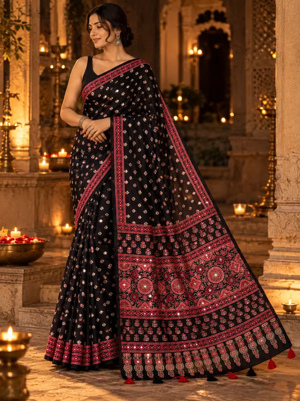 Noor_-_Black_Lotus_Print_Ajrakh_Mirror_Work_Crepe_Silk_Saree_