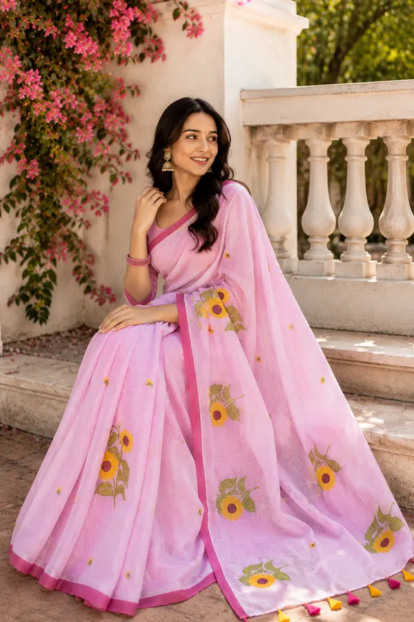 Surajmukhi_-_Pink_Mul_Cotton_Saree_With_Sunflower_Embroidery_