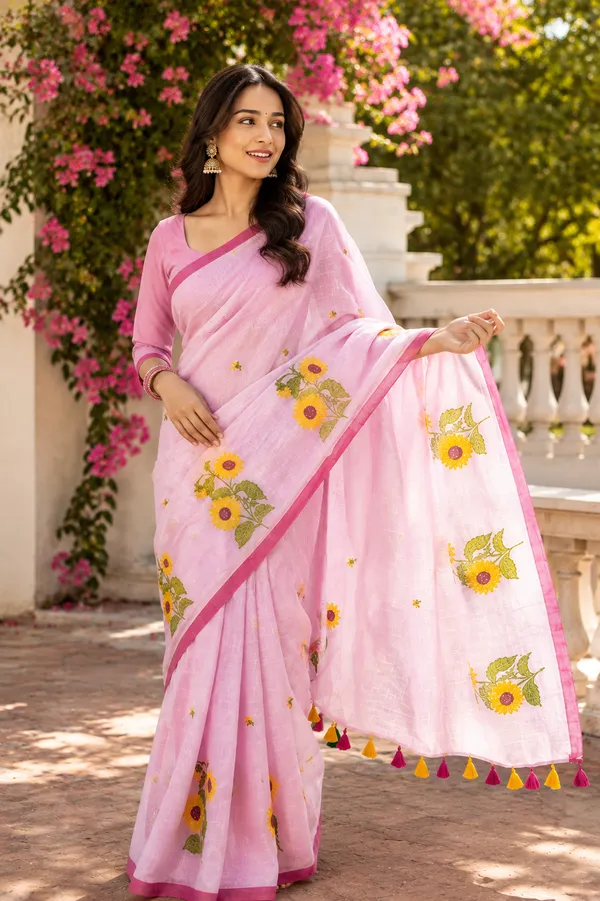 Surajmukhi_-_Pink_Mul_Cotton_Saree_With_Sunflower_Embroidery_
