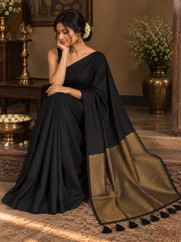 Pure_Cotton_Black_Golden_Zari_Pallu_Saree