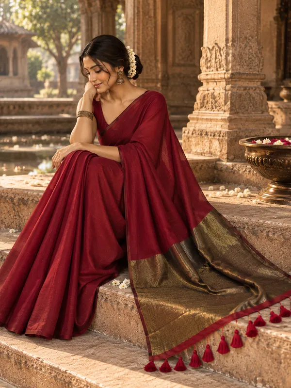 Retro_Modal_Cotton_Rust_Red_Golden_Zari_Pallu_Saree