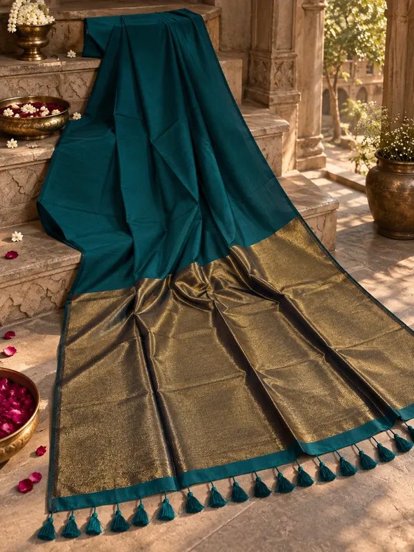 Pure_Cotton_Teal_Blue_Golden_Zari_Pallu_Saree
