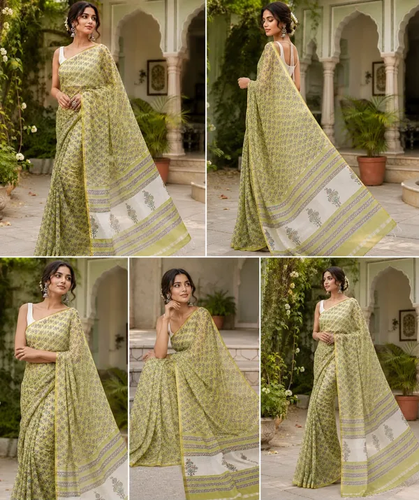 Parrot_Green_Block_Printed_Chiffon_Saree