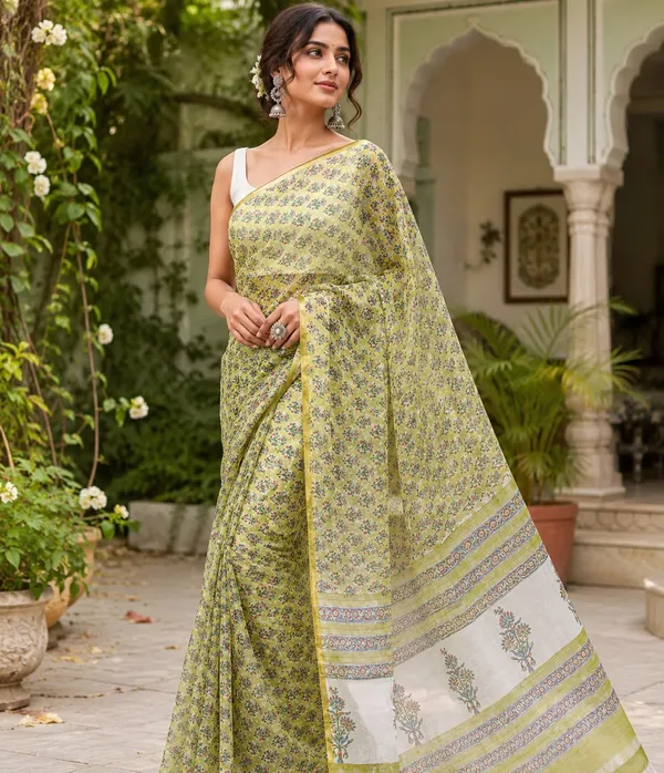 Parrot_Green_Block_Printed_Chiffon_Saree