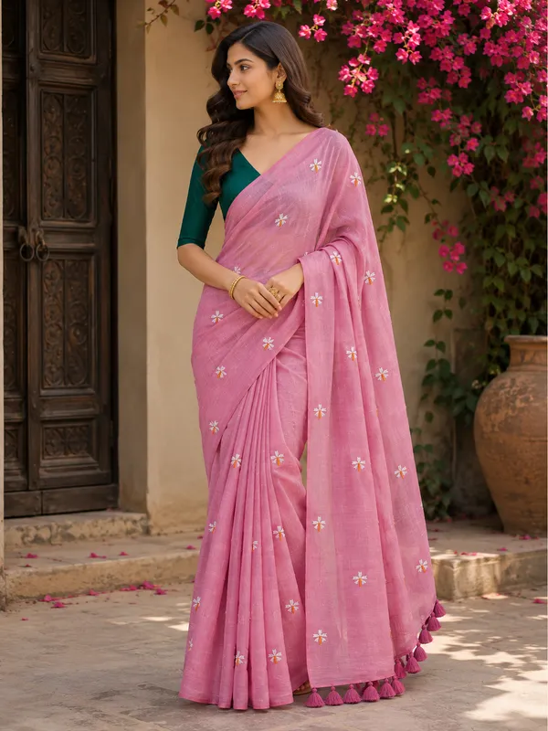 Parijat_Rose_pink_malmal_saree