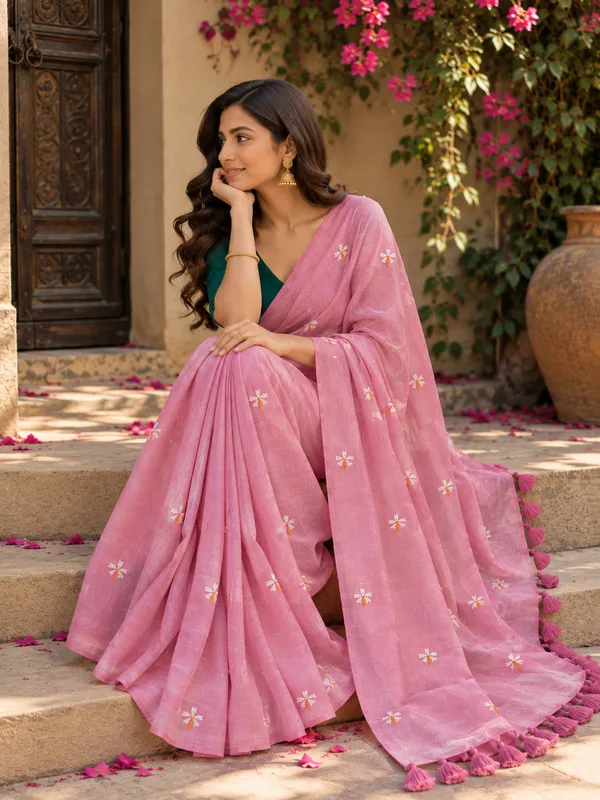 Parijat_Rose_pink_malmal_saree