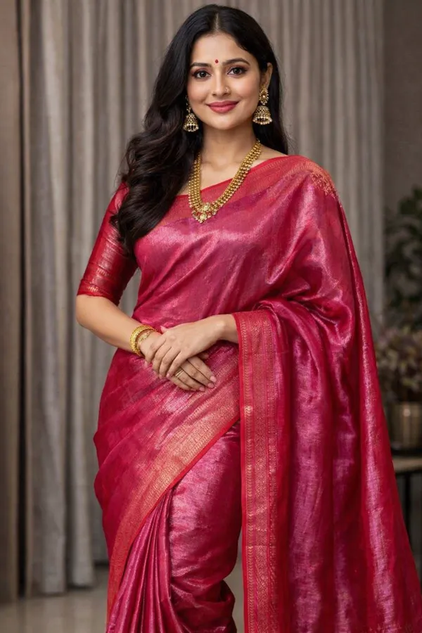 Red_And_Silver_Mulmul_Tissue_Saree_With_Temple_Border