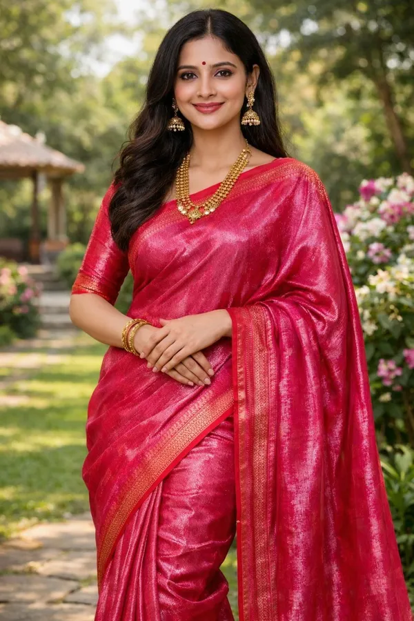 Red_And_Silver_Mulmul_Tissue_Saree_With_Temple_Border