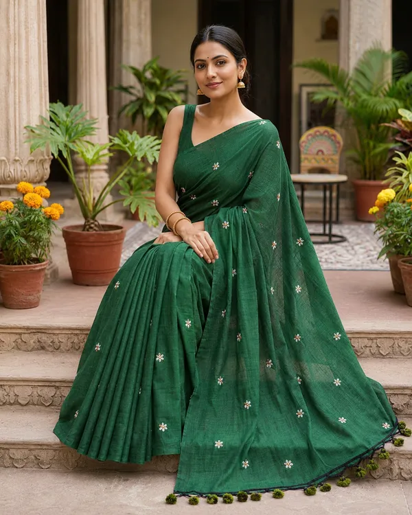 Green_Khadi_Cotton_Saree_With_White_Flowers_Embroidery