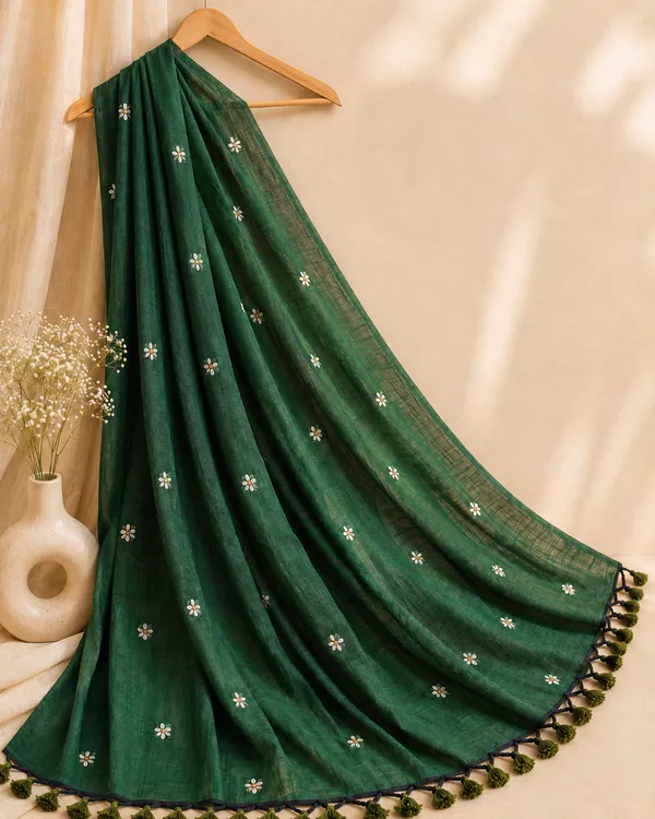 Green_Khadi_Cotton_Saree_With_White_Flowers_Embroidery