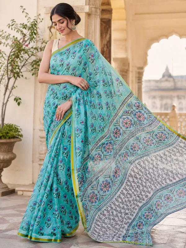 Ocean_Blue_Block_Printed_Chiffon_Saree