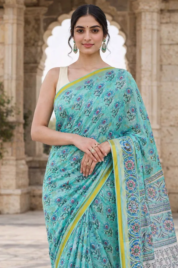 Ocean_Blue_Block_Printed_Chiffon_Saree