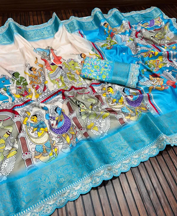 Sky_Blue_Pichwai_Kalamkari_Lichi_Silk_Saree_With_Zari_Weaving_Border_Unstitched_Blouse