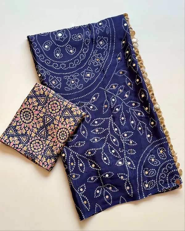 Navy_Blue_Bandhani_Mirror_Work_Crepe_Silk_Saree_With_Embellished_Pallu_Unstitched_Blouse