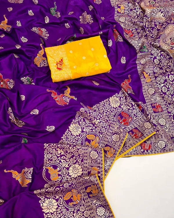 Royal_Purple_Elephant_Motif_Banarasi_Dola_Silk_Saree_With_Contrast_Yellow_Unstitched_Blouse