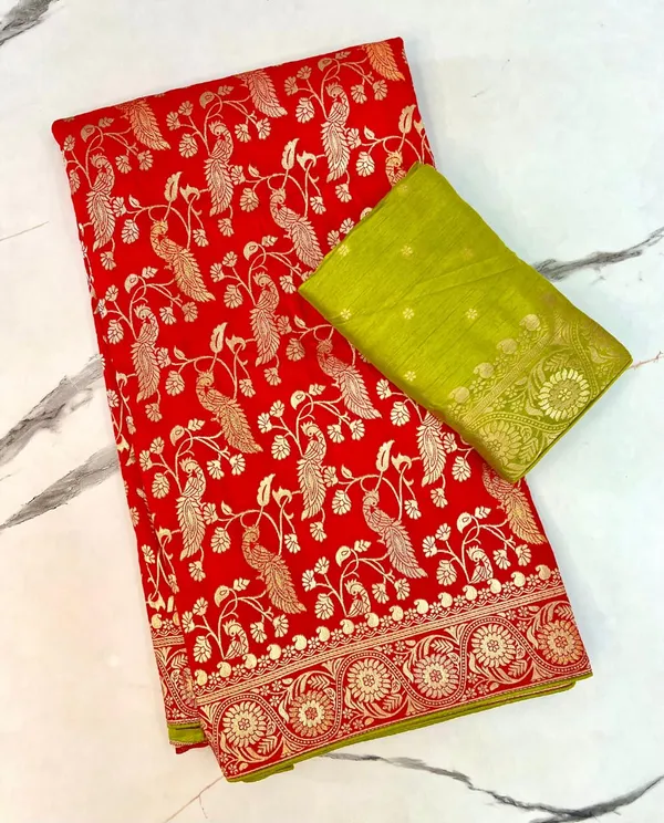 Bright_Red_Peacock_Motif_Banarasi_Viscose_Dola_Silk_Saree_With_Rich_Zari_Pallu_And_Unstitched_Blouse