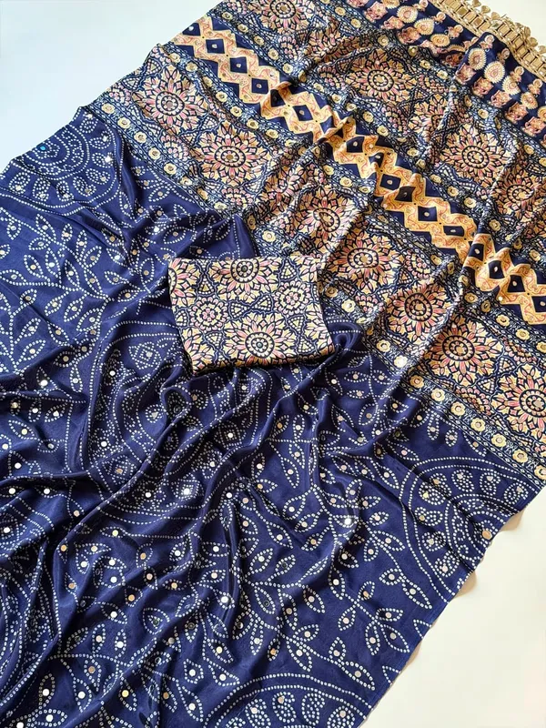 Navy_Blue_Bandhani_Mirror_Work_Crepe_Silk_Saree_With_Embellished_Pallu_Unstitched_Blouse