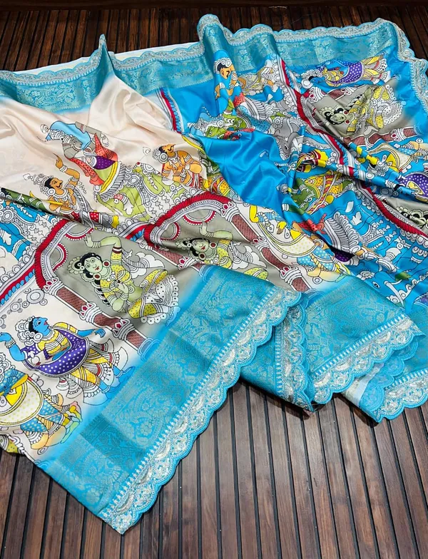 Sky_Blue_Pichwai_Kalamkari_Lichi_Silk_Saree_With_Zari_Weaving_Border_Unstitched_Blouse